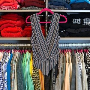 BCBGeneration blue/pink striped v neck/back tie back bodysuit size S